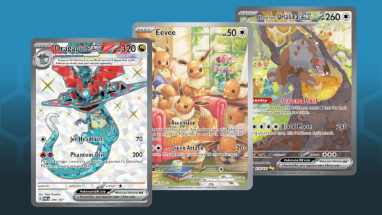 newest pokemon set twilight masquerade guide - Pokemon Company card images showing the Dragapult Ex Full Art, Bloodmoon Ursaluna Ex Special Illustration Rare, and Eevee illustration rare cards