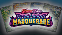 newest pokemon set twilight masquerade guide - Pokemon Company card images showing the four special illustration rare cards for Ogerpon Ex, with the Twilight Masquerade logo overlaid