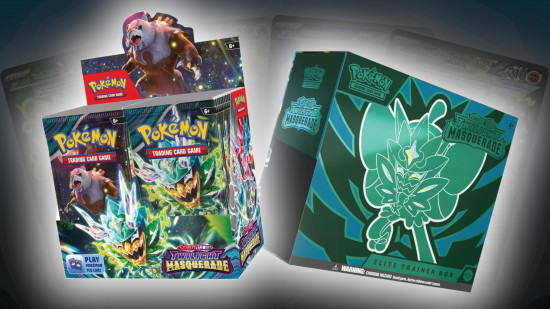newest pokemon set twilight masquerade guide - Pokemon Company card images showing the four special illustration rare cards for Ogerpon Ex, with sales images of the Twilight Masquerade booster box and elite trainer box overlaid