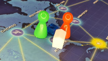 Two colored pawns, a white research centre, and a single disease cube on the city of Atlanta in the board game Pandemic