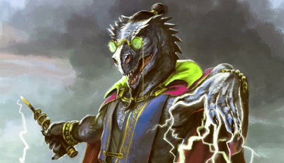 Pathfinder Mega Bundle image showing a Dragonkin person doing magic on a stormy day.