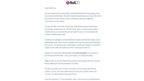 Roll20 email about the data breach