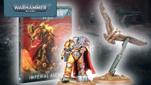 Warhammer 40k Imperial Agents codex and battleforces - Games Workshop images showing the new Inquisitor Coteaz model and the new Imperial Agents Codex cover art, overlaid on a photo of the models in the new Ordo Malleus battleforce box