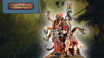 Warhammer 40k Necromunda genestealer tech priest hermiatus model - Games Workshop image showing the new Hermiatus, the Second Son model overlaid on an artwork of a Necromunda Hive City, with a tab showing the Necromunda logo