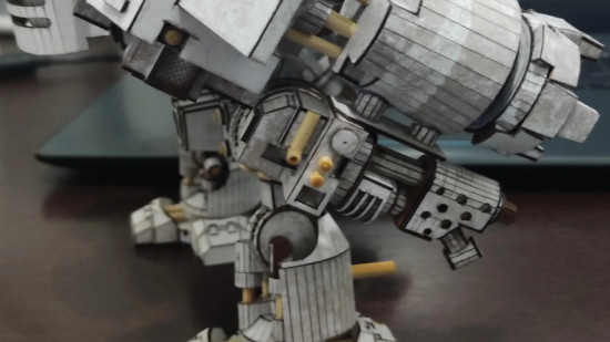 A papercraft Warhammer 40k Space Marine dreadnought crafted by Haron_fine, a blocky walker construct, closeup on a heavy flamer