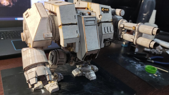A papercraft Warhammer 40k Space Marine dreadnought crafted by Haron_fine, a blocky walker construct, with a large two-barrelled lascannon and a blunt fist