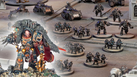 Warhammer 40k primarchs guide - Games Workshop photo showing a Sons of Horus Legions Imperialis miniature army, overlaid with the Horus Ascended miniature