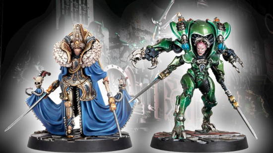 Warhammer 40k queen of Necromunda gets sick new armor - Games Workshop image showing Haera Helmawr in Sthenian Hunting Rig model next to the old Lady Haera Helmawr model, on a background photo showing Spyrers fighting malstrain genestealers in the new Necromunda box set.