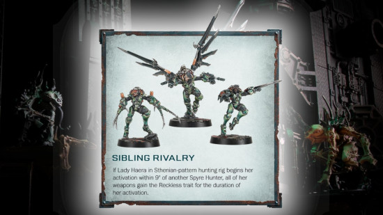 Warhammer 40k queen of Necromunda gets sick new armor - Games Workshop image showing the Sibling Rivalry rule for the new Haera Helmawr model, on a background photo showing Spyrers fighting malstrain genestealers in the new Necromunda box set