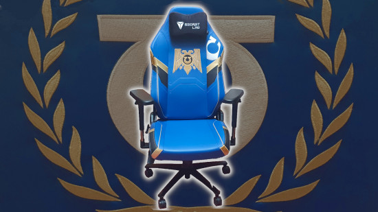 The big blue Wahammer 40k Ultramarines Chair superimposed over a backdrop of the Ultima logo, wreathed by a gold laurel