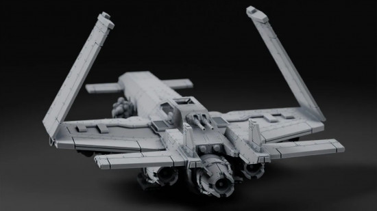 Rear view of a Warhammer 40k X-wing-style fighter plane by Mortian Tank
