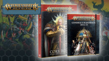 Warhammer Age of Sigmar 4th edition core rulebook preorder - Games Workshop skaven artwork, overlaid with the covers of the 4th edition core rulebook and 2024-25 General's Handbook, with a tab showing the official Age of Sigmar logo