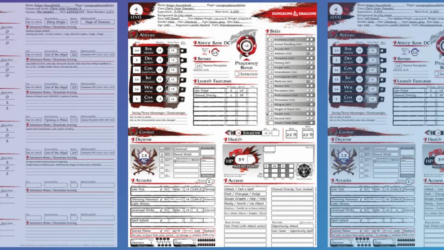 D&D character sheets - screenshot of an advanced D&D character sheet