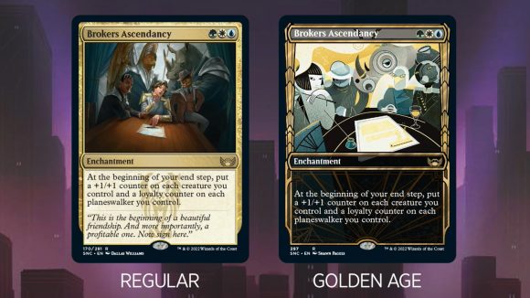 Magic the Gathering streets of new capenna spoiler: Two versions of the card broker's ascendancy, one regular version and one drawn in a cubist abstract style.